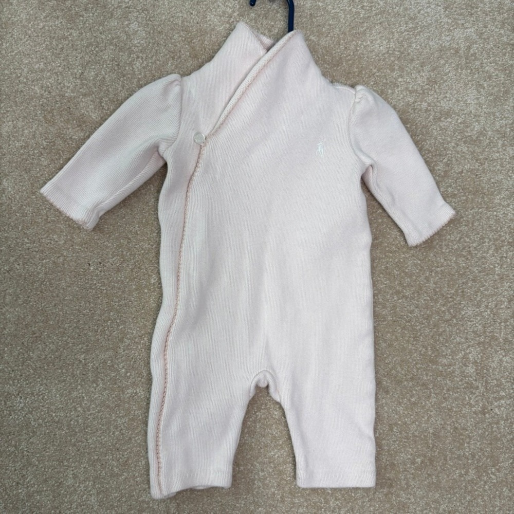 RALPH LAUREN Romper Outfit Size 3M‎ Pink Knit 100% Cotton Embroidered Pony